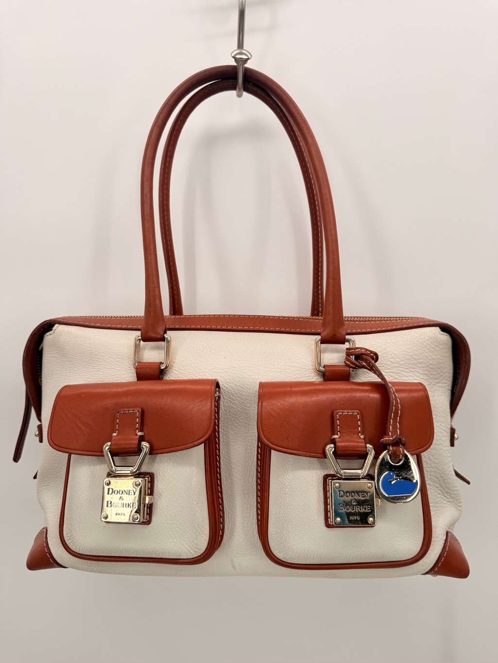 Dooney & Bourke Vintage Pebbled Leather Satchel Tote White Tan Large Bag